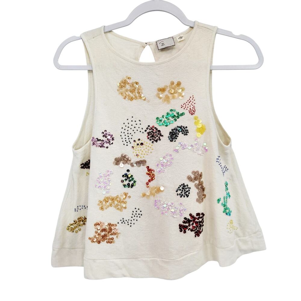 Anthropologie 9-H15 STCL Cream Linen Blend Sequin Beaded Pattern Tank Women's XS